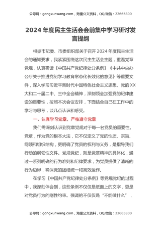 2024年度民主生活会会前集中学习研讨发言提纲