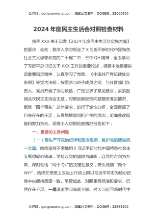2024年度民主生活会对照检查材料（班子副职，含调查研究、案例对照）
