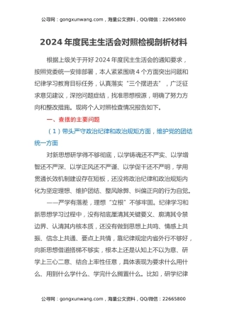 2024年度民主生活会对照检视剖析材料（四个带头）