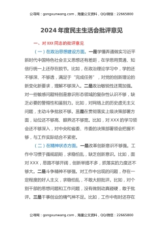 2024年度民主生活会批评意见