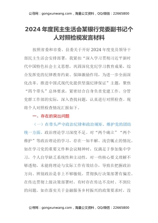 2024年度民主生活会某银行党委副书记个人对照检视发言材料（四个带头+典型案例剖析）