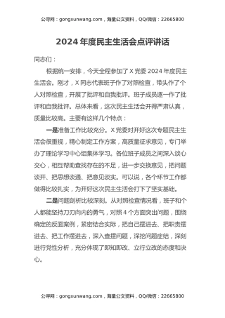 2024年度民主生活会点评讲话