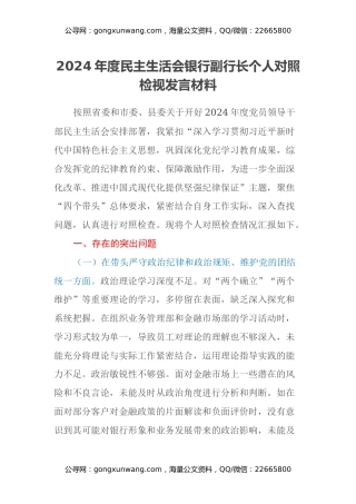 2024年度民主生活会银行副行长个人对照检视发言材料（四个带头+典型案例剖析）