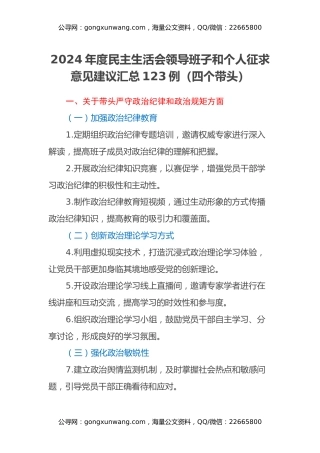 2024年度民主生活会领导班子和个人征求意见建议汇总123例（四个带头）