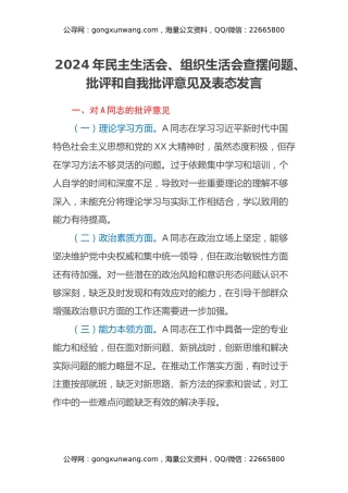 2024年民主生活会、组织生活会查摆问题、批评和自我批评意见及表态发言