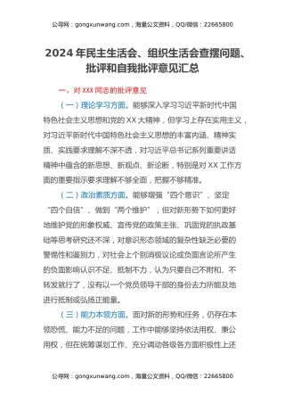 2024年民主生活会、组织生活会查摆问题、批评和自我批评意见汇总