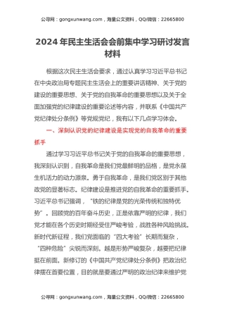 2024年民主生活会会前集中学习研讨发言材料