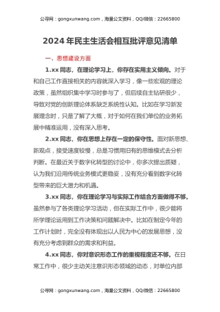 2024年民主生活会相互批评意见清单