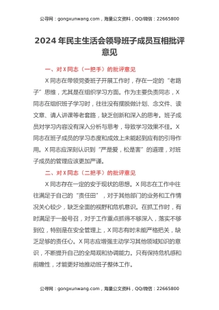 2024年民主生活会领导班子成员互相批评意见（2）