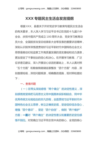 XXX专题民主生活会发言提纲