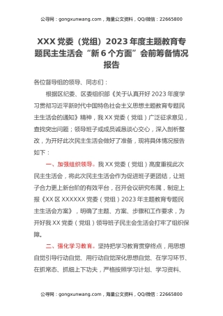 XXX党委（党组）2023年度主题教育专题民主生活会会前准备情况报告