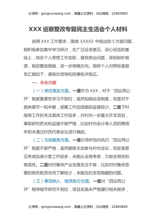 XXX巡察整改专题民主生活会个人材料