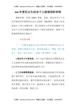 xxx年度民主生活会个人检视剖析材料