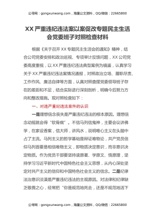 XX严重违纪违法案以案促改专题民主生活会党委班子对照检查材料
