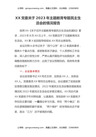 XX党委关于2023年主题教育专题民主生活会的情况报告