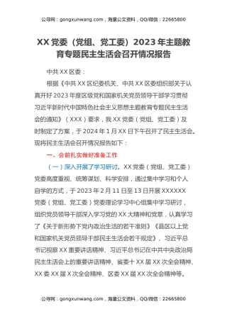 XX党委（党组、党工委）2023年主题教育专题民主生活会召开情况报告