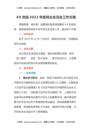 XX党组2022年度民主生活会工作方案