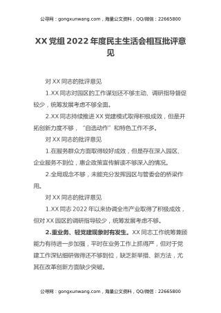 XX党组2022年度民主生活会相互批评意见
