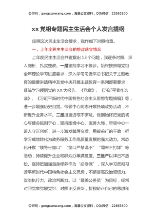 xx党组专题民主生活会个人发言提纲
