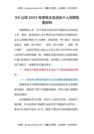 XX公司2022年度民主生活会个人对照检查材料