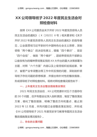 XX公司领导班子2022年度民主生活会对照检查材料
