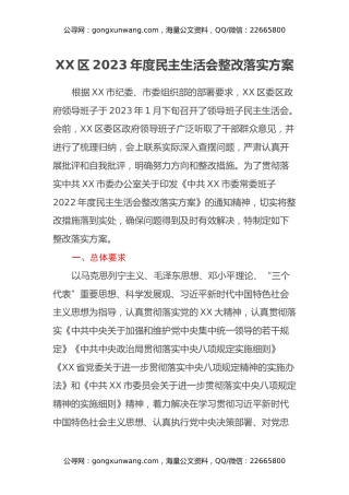 XX区2023年度民主生活会整改落实方案