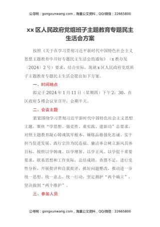 xx区人民政府党组班子主题教育专题民主生活会方案