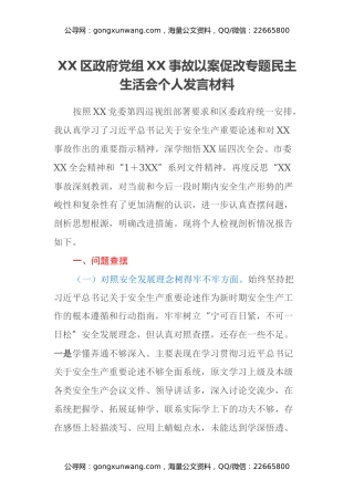 XX区政府党组XX事故以案促改专题民主生活会个人发言材料