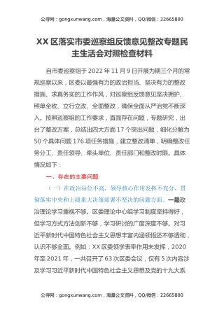 XX区落实市委巡察组反馈意见整改专题民主生活会对照检查材料 (2)