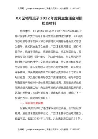 XX区领导班子2022年度民主生活会对照检查材料