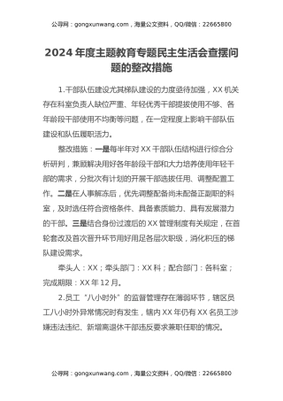 2024年度主题教育 专题民主生活会查摆问题的整改措施