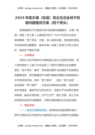 2024年度乡镇（街道）民主生活会班子检视问题整改方案（四个带头）