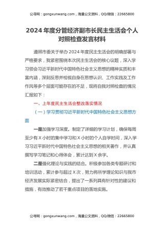 2024年度分管经济副市长民主生活会个人对照检查发言材料