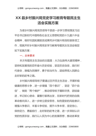 XX县乡村振兴局党史学习教育专题民主生活会实施方案
