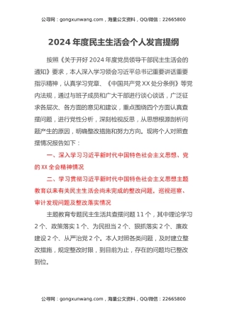 2024年度民主生活会个人发言提纲-（含典型案例剖析）