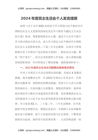 2024年度民主生活会个人发言提纲（上年度问题整改措施落实情况+四个带头+反面典型案例剖析情况）