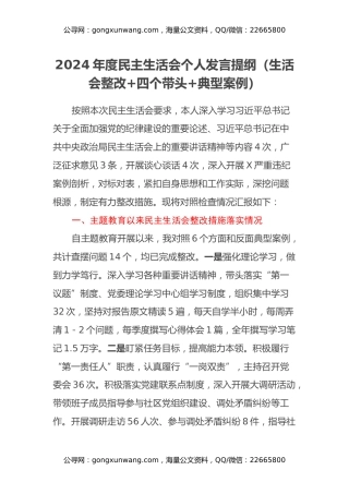 2024年度民主生活会个人发言提纲（生活会整改+四个带头+典型案例）