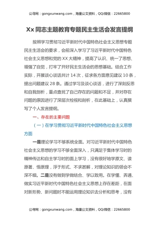 Xx同志主题教育专题民主生活会发言提纲（剖析班子典型反面案例+政绩观）