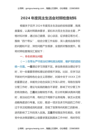 2024年度民主生活会个人对照检查材料(党委副书记）
