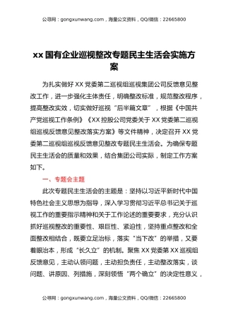 xx国有企业巡视整改专题民主生活会实施方案