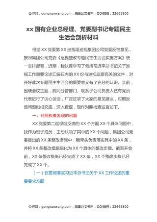 xx国有企业总经理、党委副书记专题民主生活会剖析材料