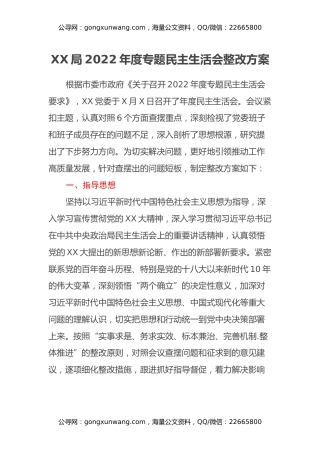 XX局2022年度专题民主生活会整改方案