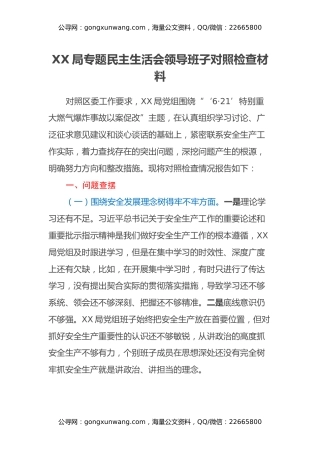 XX局专题民主生活会领导班子对照检查材料