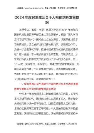 2024年度民主生活会个人检视剖析发言提纲