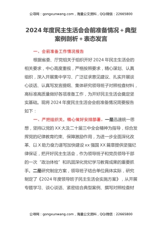 2024年度民主生活会会前准备情况+典型案例剖析+表态发言