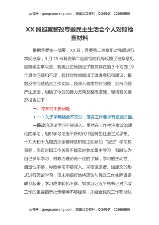 XX局巡察整改专题民主生活会个人对照检查材料 (2)