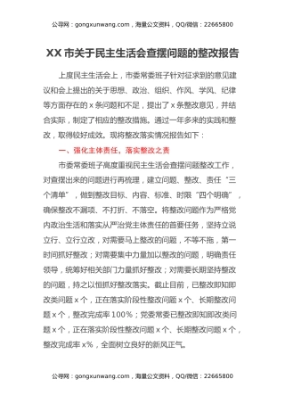 XX市关于民主生活会查摆问题的整改报告