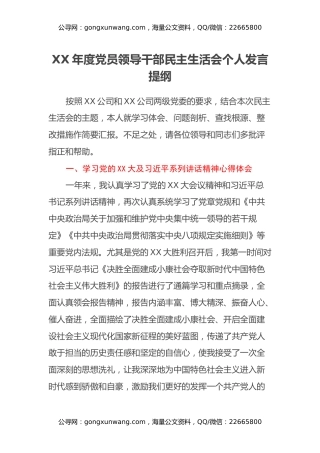 XX年度党员领导干部民主生活会个人发言提纲