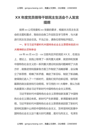 XX年度党员领导干部民主生活会个人发言提纲 (2)
