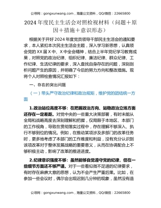2024年度民主生活会对照检视材料 （问题+原因+措施+意识形态）